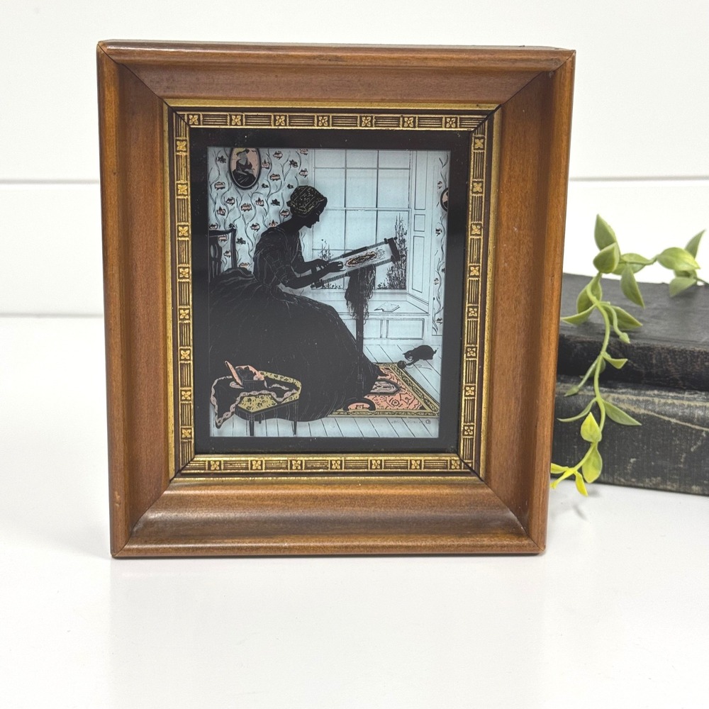 Vintage Reverse Glass Silhouette Painting Woman Embroidering thick Wood frame